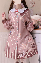 Robe OP Sweet Lolita à imprimé ours avec col à revers rose, simple boutonnage et manches longues lanterne